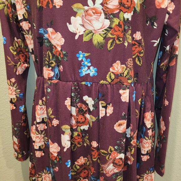 Bluetime Medium Red Floral Swing Dress Pullover Cotton Blend Stretch Waist BOHO - Picture 11 of 13